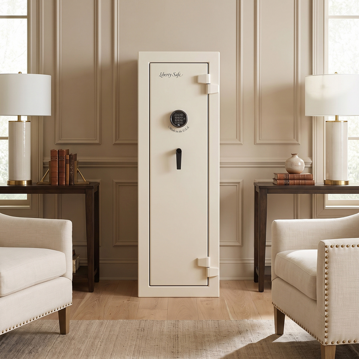 A white Home Advantage safe placed between two brown side tables up against an off white wall with moulding in an upscale living room.
