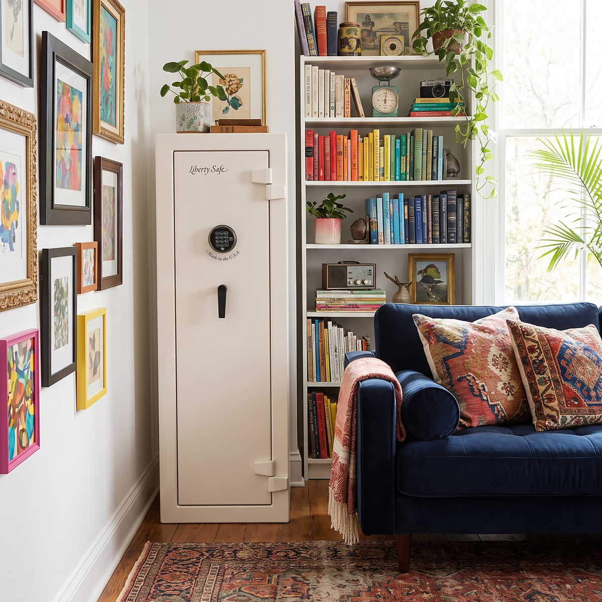 A Liberty Home Advantage sits in an boho inspired living room next to a bookshelf with colorful books, plants and collectables. There is a blue velvet couch with throw pillows and a gallery wall is to the left of the safe.