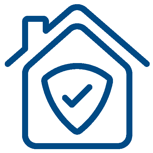 A blue outline icon of a house with a shield and checkmark inside, on a white background.